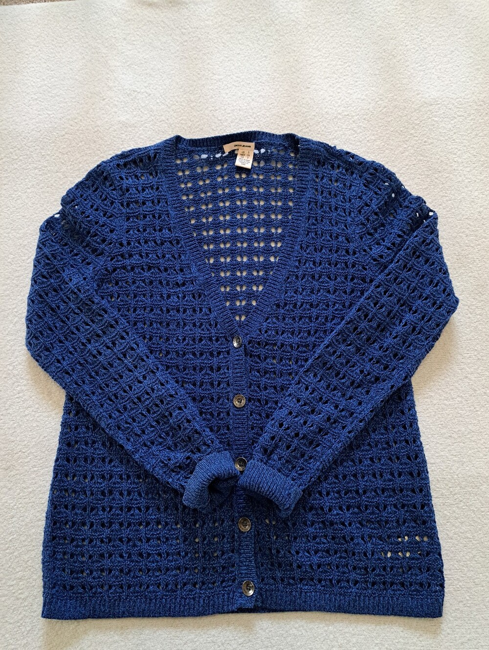 DKNY Open Knit Cardigan Size Small Blue Sweater Loose Knit Marled Cozy Button Up